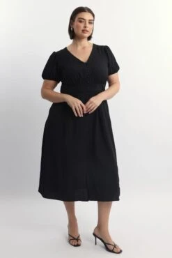 Black Midi Dress Short Sleeve V-Neck Textured