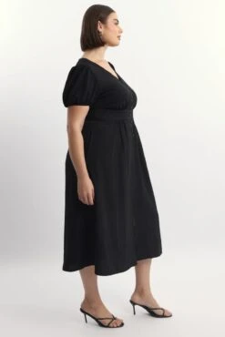 Black Midi Dress Short Sleeve V-Neck Textured -You And All Fashion Store cdd12132 10r black 3