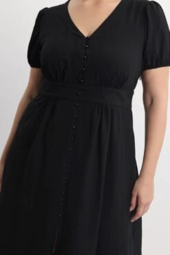 Black Midi Dress Short Sleeve V-Neck Textured -You And All Fashion Store cdd12132 10r black 5