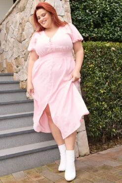 Pink Midi Dress Short Sleeve V-Neck Textured