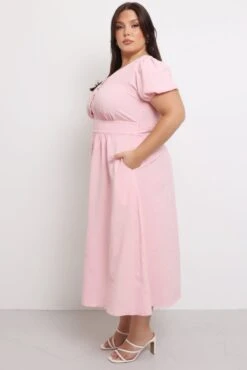 Pink Midi Dress Short Sleeve V-Neck Textured -You And All Fashion Store cdd12132 10r soft pink 4