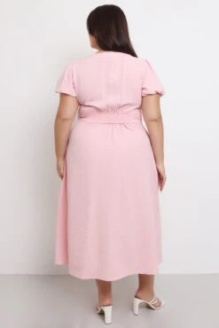 Pink Midi Dress Short Sleeve V-Neck Textured -You And All Fashion Store cdd12132 10r soft pink 5