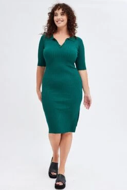 Green Bodycon Dress Rib Knit Collared Midi -You And All Fashion Store cdd12140 40a green 3