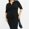 Black Bodycon Dress Rib Knit Collared Midi
