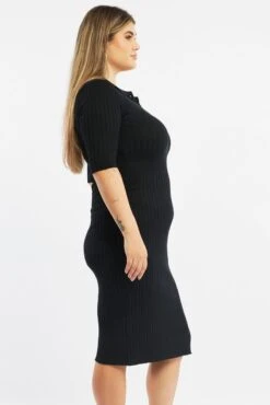 Black Bodycon Dress Rib Knit Collared Midi -You And All Fashion Store cdd12140 40ab black 3