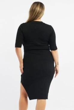 Black Bodycon Dress Rib Knit Collared Midi -You And All Fashion Store cdd12140 40ab black 4