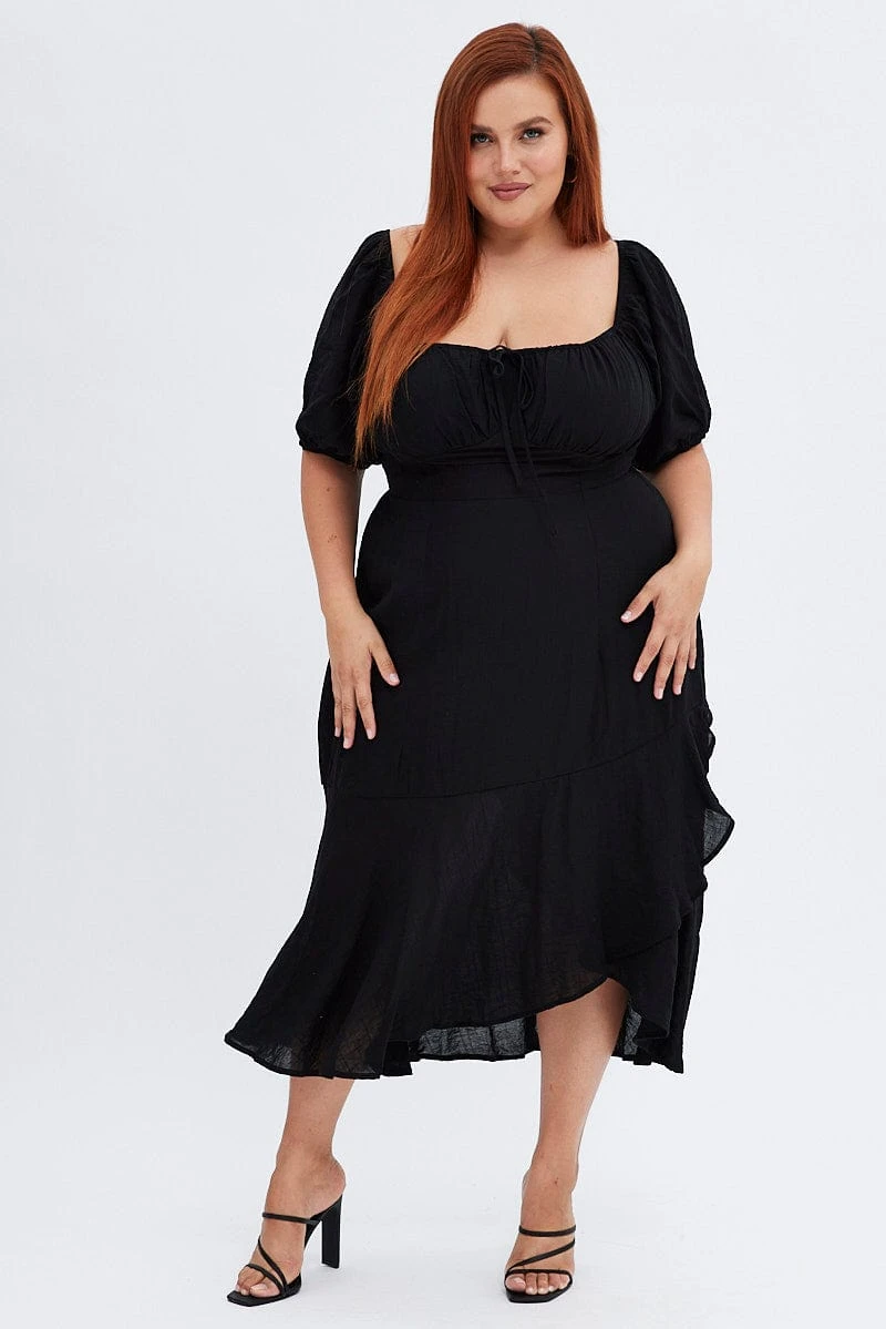 Black Midi Dress Short Sleeve Ruffle Ruched Bust 3 Black Midi Dress Short Sleeve Ruffle Ruched Bust - Image 3