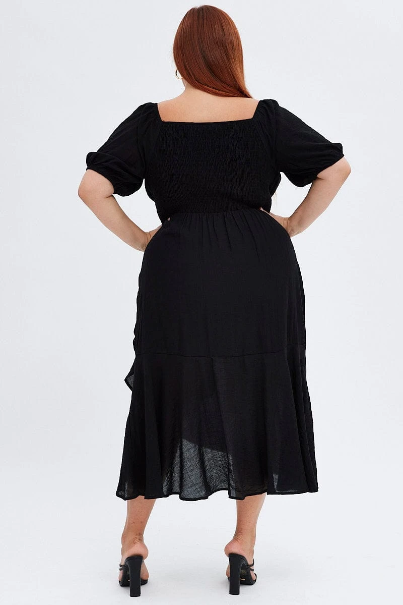 Black Midi Dress Short Sleeve Ruffle Ruched Bust 5 Black Midi Dress Short Sleeve Ruffle Ruched Bust - Image 5