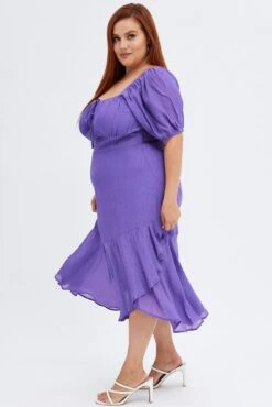Purple Midi Dress Short Sleeve Ruffle Ruched Bust -You And All Fashion Store cdd1217a 81rb plum 4