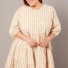 Beige Check Puff 3/4 Sleeve Gingham Smock Dress