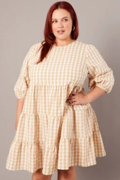 Beige Check Puff 3/4 Sleeve Gingham Smock Dress 8 Beige Check Puff 3/4 Sleeve Gingham Smock Dress -You And All Fashion Store cdd12411l 33ab check 3