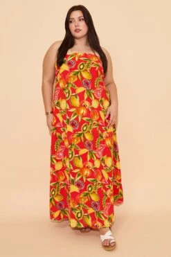 Red Abstract Maxi Dress Strapless