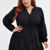 Black Shirt Dress Long Sleeve V-neck Tiered