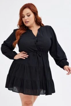 Black Shirt Dress Long Sleeve V-neck Tiered -You And All Fashion Store cdd1258a 47r black 3