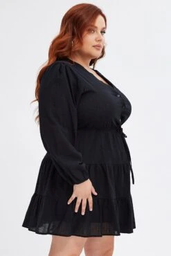 Black Shirt Dress Long Sleeve V-neck Tiered -You And All Fashion Store cdd1258a 47r black 4