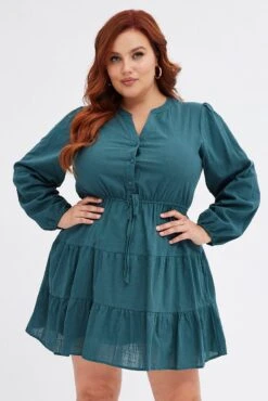 Green Shirt Dress Long Sleeve V-neck Tiered -You And All Fashion Store cdd1258a 47r forest 5