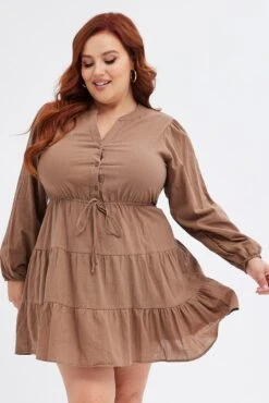 Brown Shirt Dress Long Sleeve V-neck Tiered