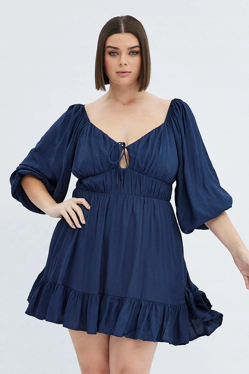 Blue Fit And Flare Dress 3/4 Sleeve Tiered Cut Out 1 Blue Fit And Flare Dress 3/4 Sleeve Tiered Cut Out