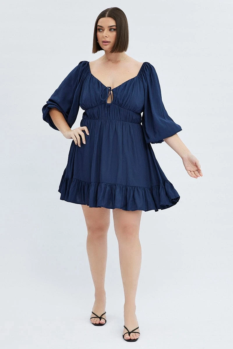 Blue Fit And Flare Dress 3/4 Sleeve Tiered Cut Out 2 Blue Fit And Flare Dress 3/4 Sleeve Tiered Cut Out - Image 2