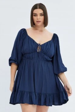 Blue Fit And Flare Dress 3/4 Sleeve Tiered Cut Out 8 Blue Fit And Flare Dress 3/4 Sleeve Tiered Cut Out -You And All Fashion Store cdd1316 38rb navy 3