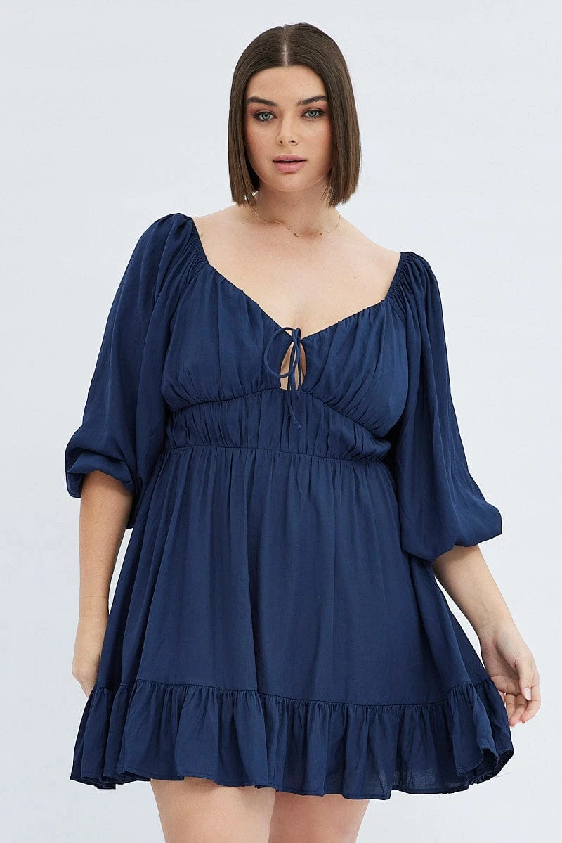 Blue Fit And Flare Dress 3/4 Sleeve Tiered Cut Out 3 Blue Fit And Flare Dress 3/4 Sleeve Tiered Cut Out - Image 3