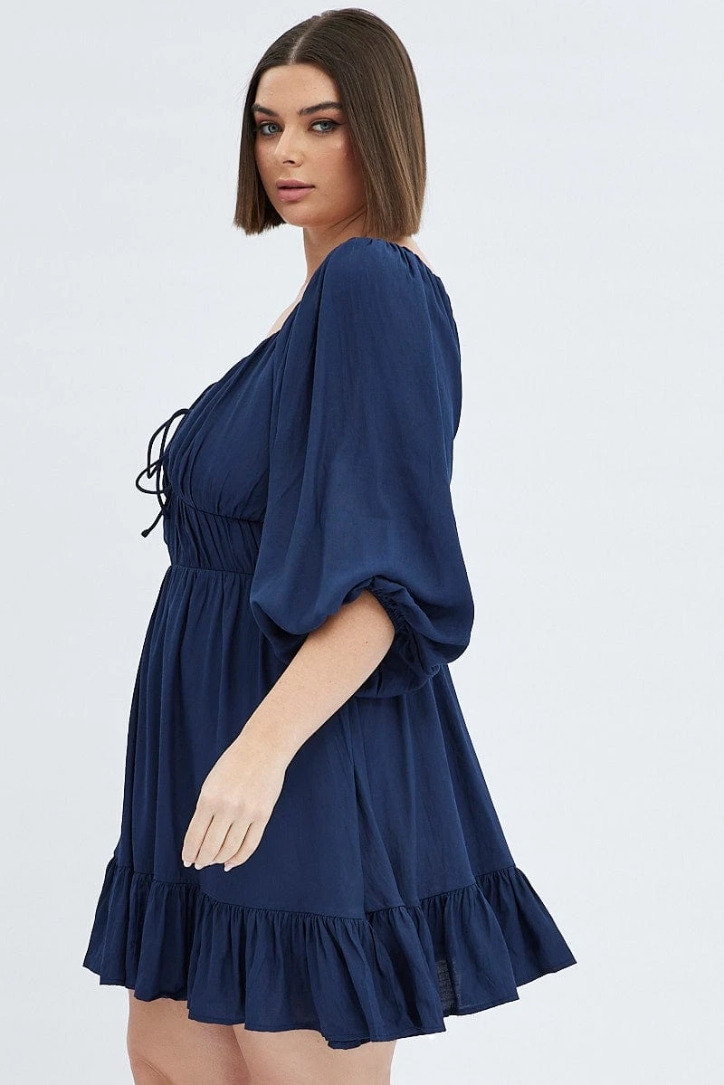 Blue Fit And Flare Dress 3/4 Sleeve Tiered Cut Out 4 Blue Fit And Flare Dress 3/4 Sleeve Tiered Cut Out - Image 4