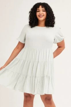 Green Short Sleeve Textured Tiered Smock Dress -You And All Fashion Store cdd1319 81rb sage 3
