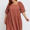 Brown Skater Dress Clay Square Neck Short Sleeve