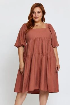 Brown Skater Dress Clay Square Neck Short Sleeve -You And All Fashion Store cdd1321 34rb clay 3