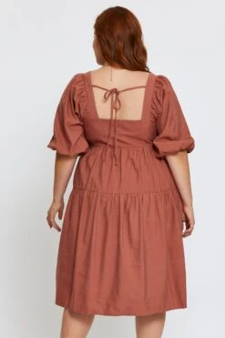 Brown Skater Dress Clay Square Neck Short Sleeve -You And All Fashion Store cdd1321 34rb clay 5