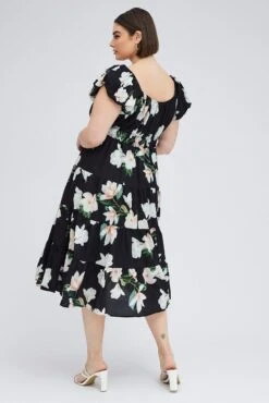 Black Floral Midi Dress Short Sleeve Tiered Ruched -You And All Fashion Store cdd1321c 35rb floral 5