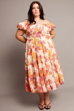 Pink Floral Midi Dress Short Sleeve Ruched -You And All Fashion Store cdd1321e 35rb floral 3