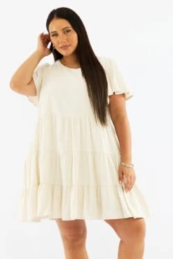 Beige Flared Sleeve Tiered Mini Dress