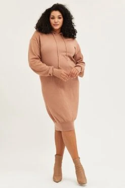 Brown Plus Long Sleeve Hoodie Knit Dress