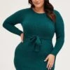 Green Bodycon Dress Long Sleeve Knit Waist Tie