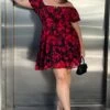 Red Floral Chiffon Blur Floral Sweetheart Flared Minidress