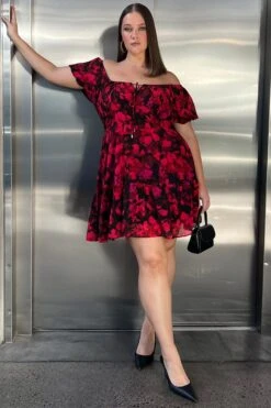 Red Floral Chiffon Blur Floral Sweetheart Flared Minidress