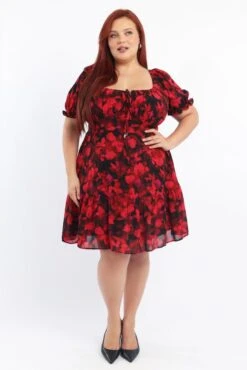Red Floral Chiffon Blur Floral Sweetheart Flared Minidress -You And All Fashion Store cdd1350 123a floral 3
