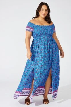 Blue Boho Maxi Dress Short Sleeve Shirred -You And All Fashion Store cdd1362i 34rb boho 3