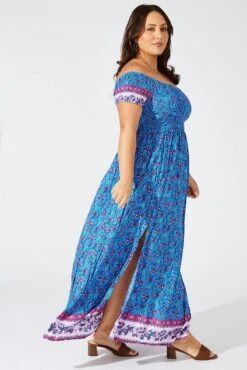 Blue Boho Maxi Dress Short Sleeve Shirred -You And All Fashion Store cdd1362i 34rb boho 4