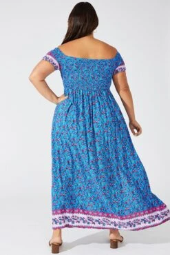 Blue Boho Maxi Dress Short Sleeve Shirred -You And All Fashion Store cdd1362i 34rb boho 5