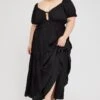 Black Midi Dress Short Sleeve Tiered Cut Out