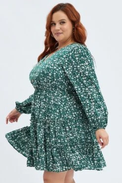 Green Ditsy Fit And Flare Dress Long Sleeve Button Front -You And All Fashion Store cdd1379 33rb ditsy 4