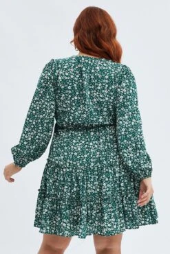 Green Ditsy Fit And Flare Dress Long Sleeve Button Front -You And All Fashion Store cdd1379 33rb ditsy 5