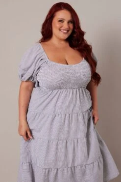 White Stripe Midi Dress Short Sleeve Tiered -You And All Fashion Store cdd1386d 47rb stripe 3