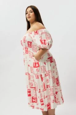 Red Abstract Midi Dress Short Sleeve Tiered Linen Blend -You And All Fashion Store cdd1386i 47rb abstract 4