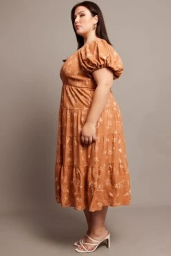 Brown Abstract Midi Dress Short Sleeve Shirred -You And All Fashion Store cdd1386j 47rb abstract 4