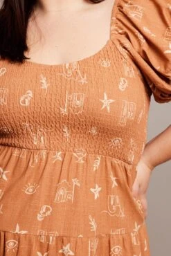 Brown Abstract Midi Dress Short Sleeve Shirred -You And All Fashion Store cdd1386j 47rb abstract 6