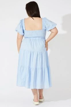 Blue Midi Dress Short Sleeve Tiered Cotton -You And All Fashion Store cdd1392a 81rb light blue 5