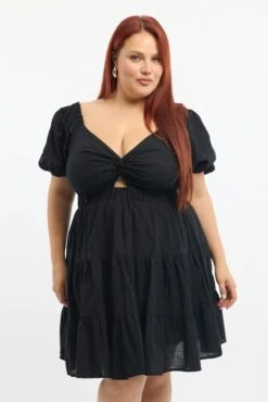 Black Twist Front Puff Sleeve Elastic Detail Minidress